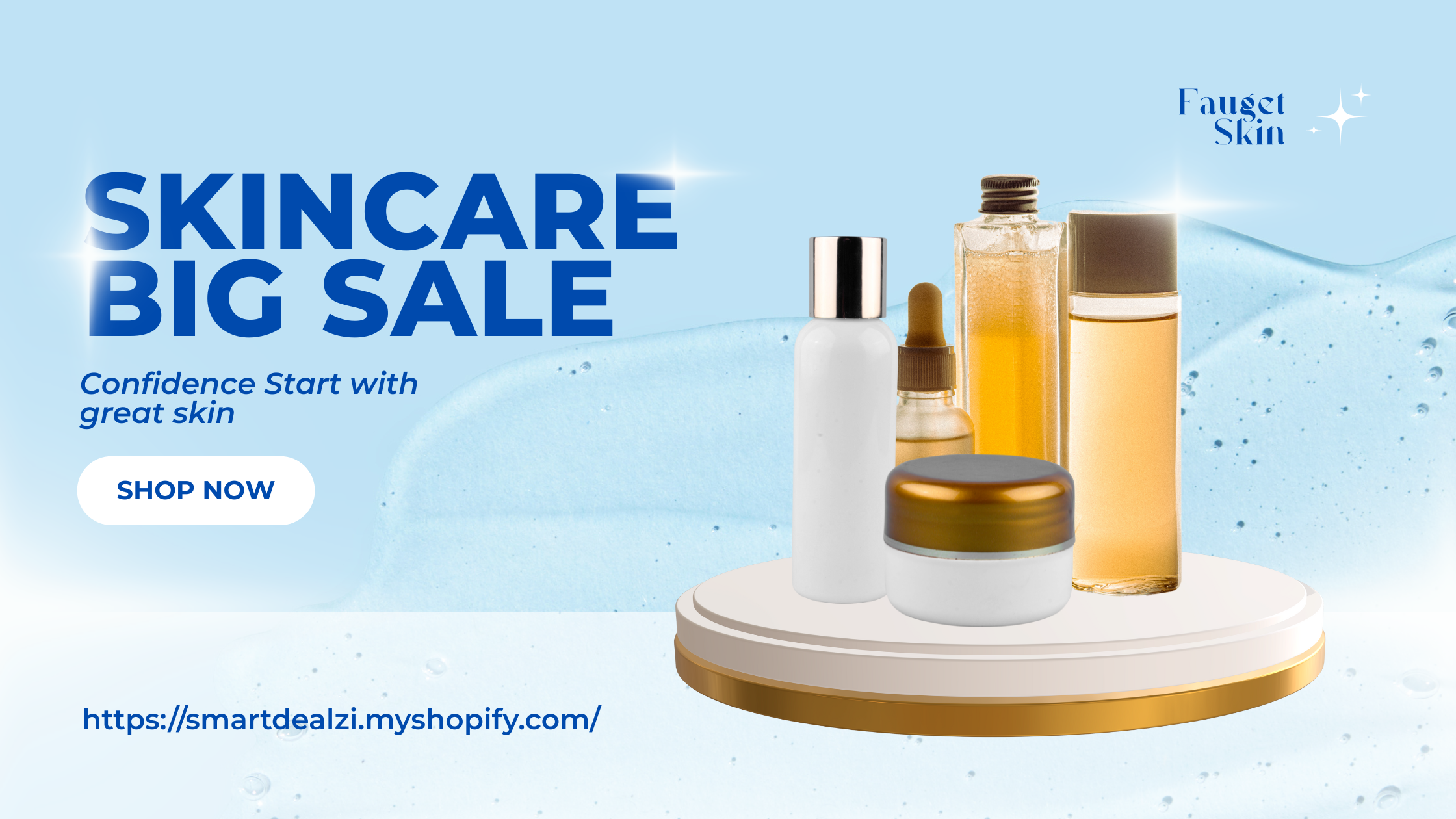 Skincare product display with 'Skincare Big Sale' text on a blue background