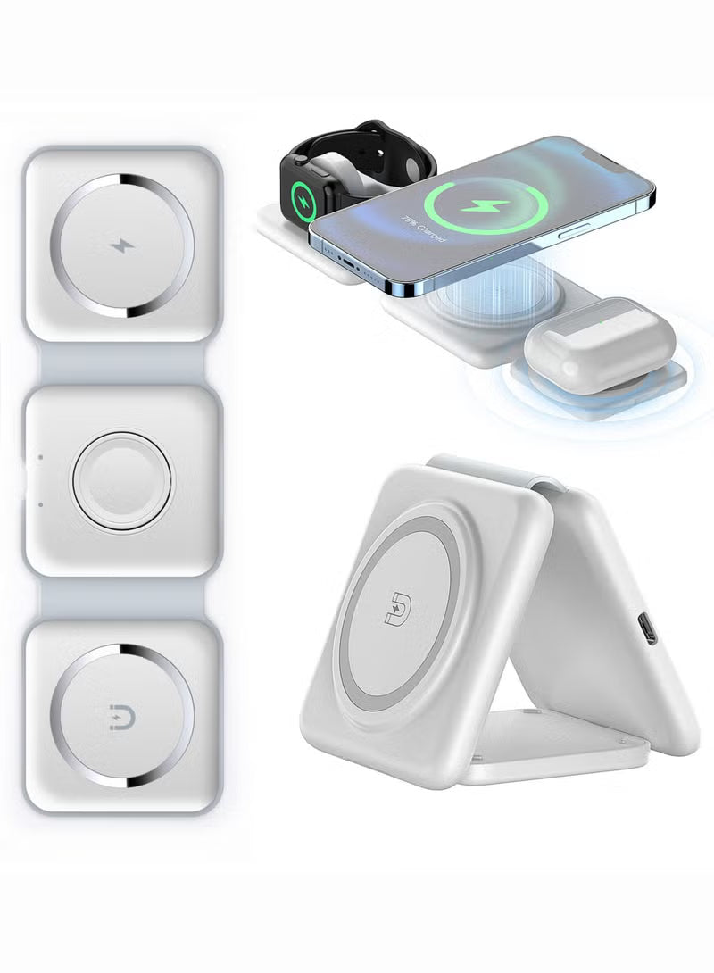 Collage of a wireless charging pad with a phone and earbuds on a white background