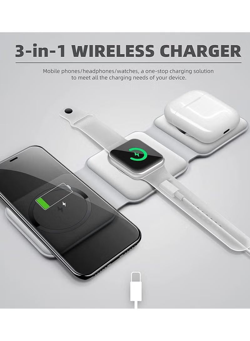 3-in-1 wireless charger with smartphone, smartwatch, and wireless earbuds on a gray background.