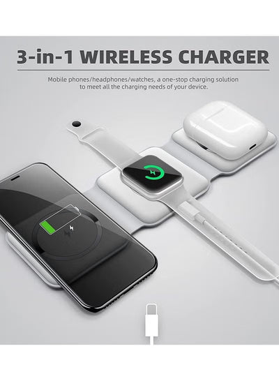 3-in-1 wireless charger with smartphone, smartwatch, and wireless earbuds on a gray background.