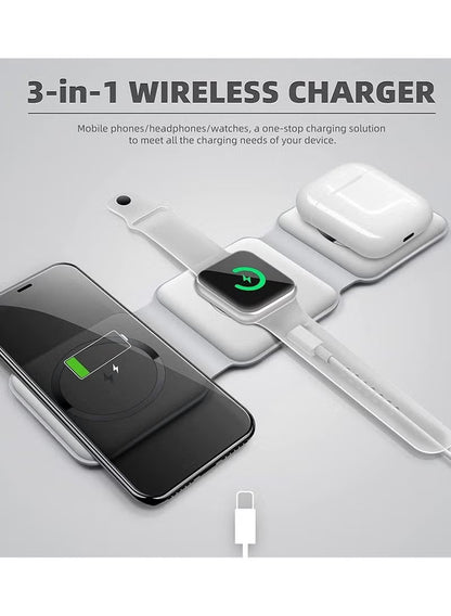 3-in-1 wireless charger with smartphone, smartwatch, and wireless earbuds on a gray background.