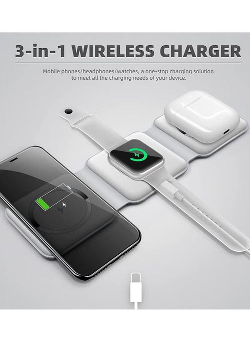 3-in-1 wireless charger with smartphone, smartwatch, and wireless earbuds on a gray background.