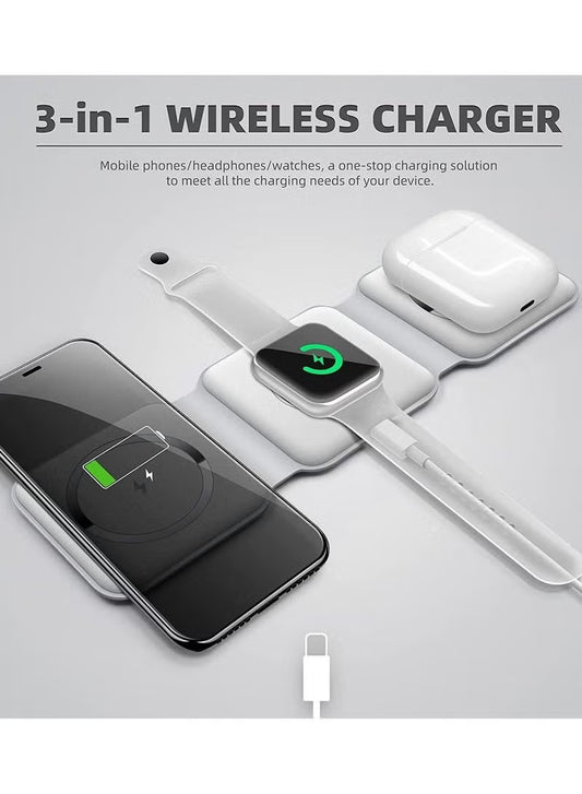3-in-1 wireless charger with smartphone, smartwatch, and wireless earbuds on a gray background.