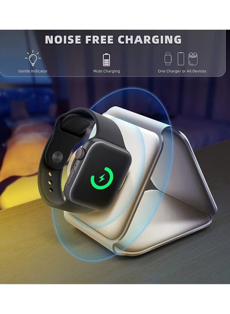 Smartwatch charging on a dock with 'Noise Free Charging' features highlighted.