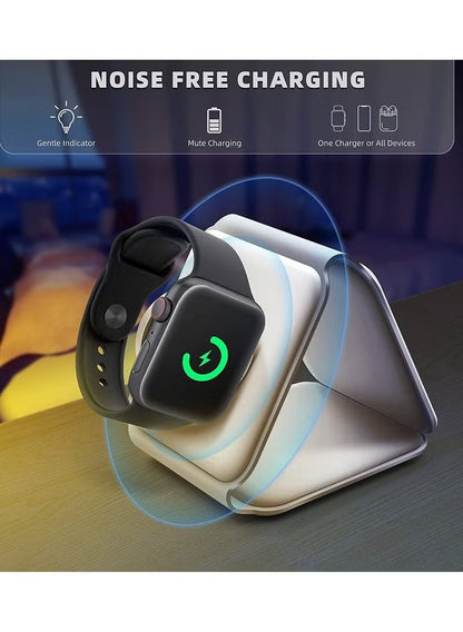 Smartwatch charging on a dock with 'Noise Free Charging' features highlighted.